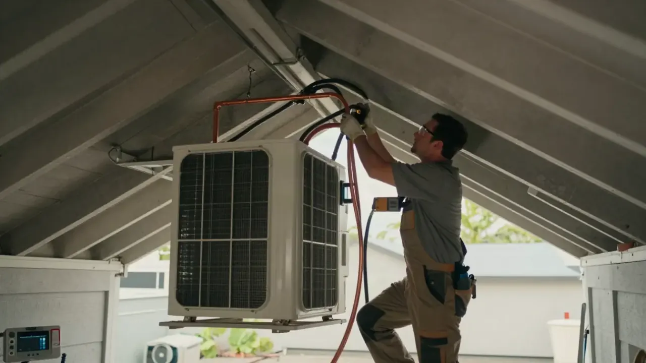AC Installation in Miami: HVAC technician is carefully connecting copper refrigerant lines to the indoor air handler unit