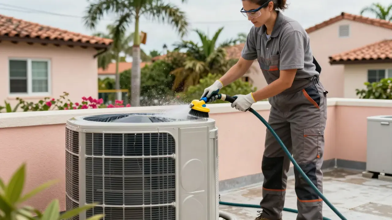 AC Maintenance in Miami: HVAC technician is thoroughly cleaning the condenser coil of an outdoor AC unit with a specialized