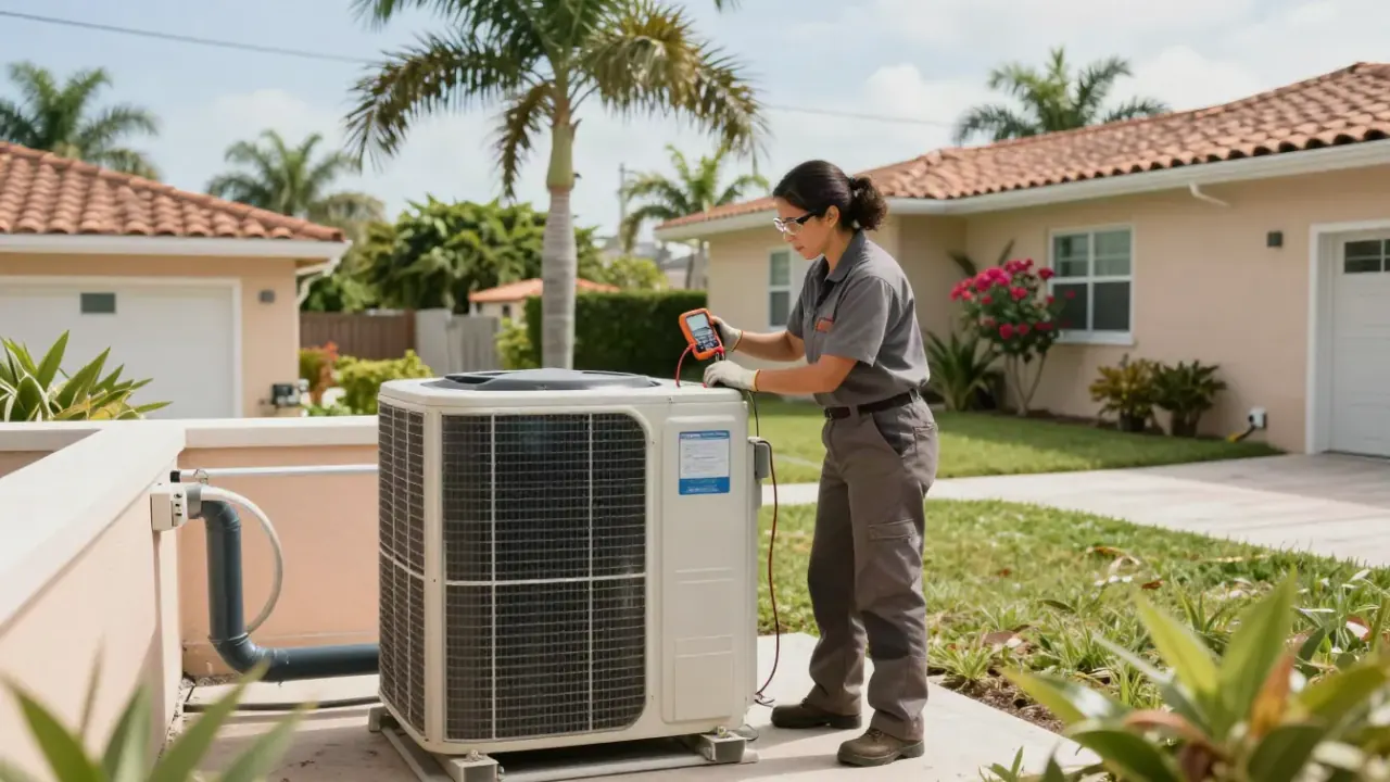 AC Repair in Miami: HVAC technician uses a multimeter to test the capacitor on an outdoor AC condenser unit located next to