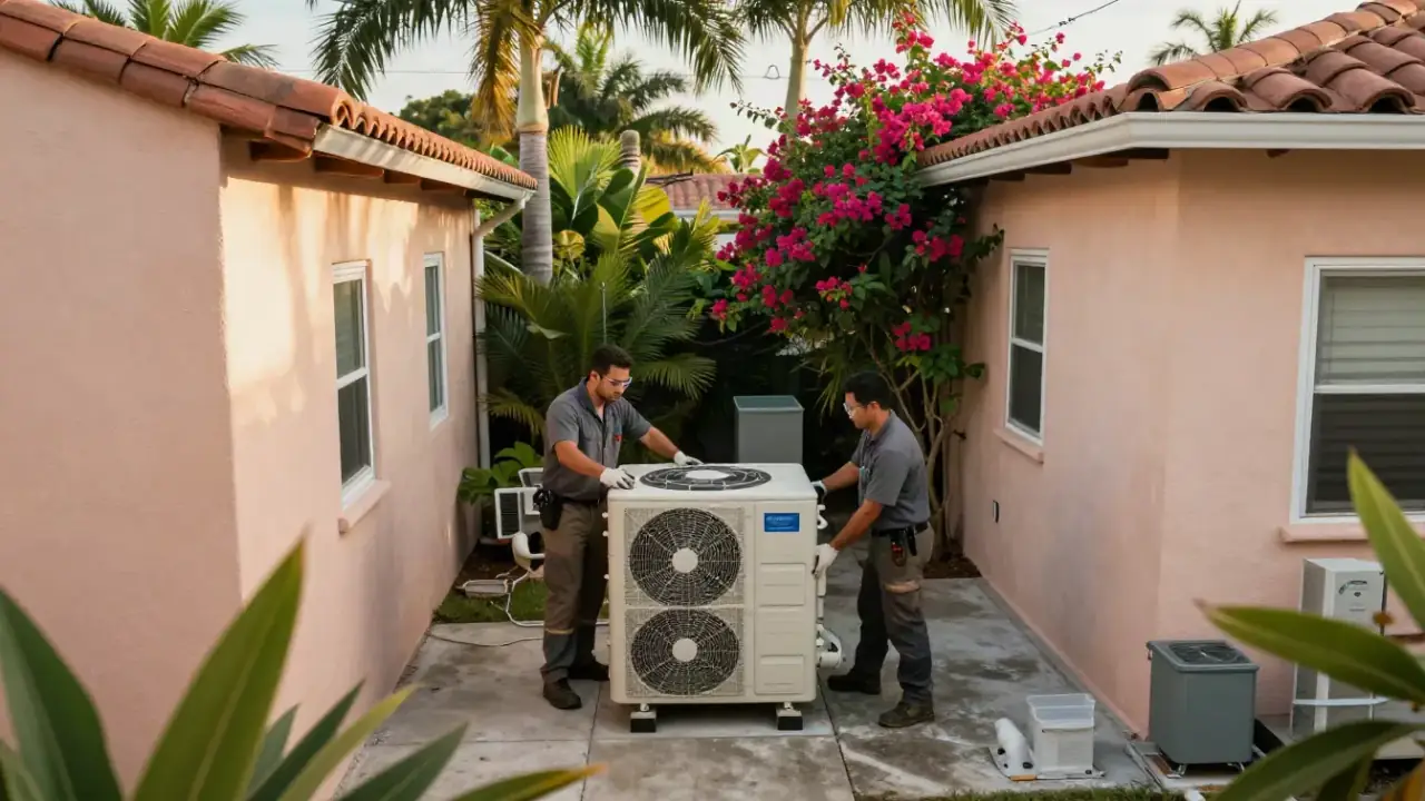 AC Replacement in Miami: Two HVAC technicians are maneuvering a new, packaged AC unit through a narrow side yard towards its