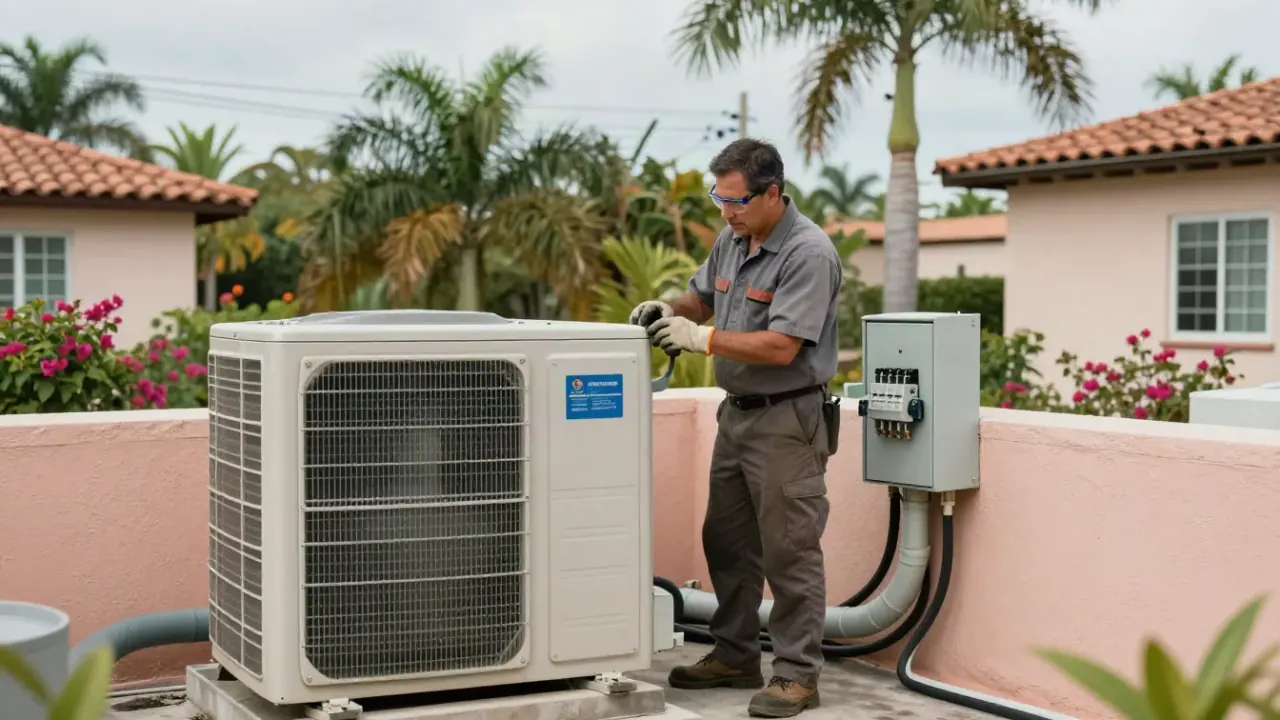 Emergency AC Repair in Miami: HVAC technician is quickly replacing a blown fuse in the electrical disconnect box next to an