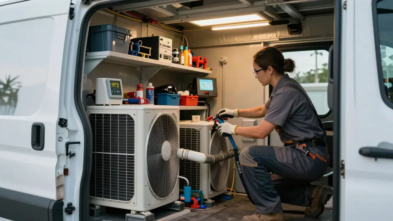HVAC Contractor in Miami: side profile of a clean, well-organized service van with various HVAC tools and parts neatly