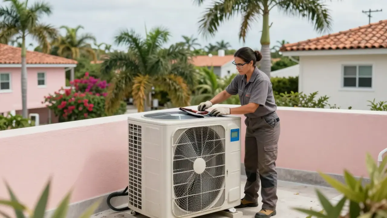 HVAC technician servicing an outdoor air conditioner at a Miami home with palm trees in the background